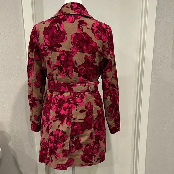 Merona Pink Floral Moleskin Cotton Trench Coat - M - Picture 4 of 10